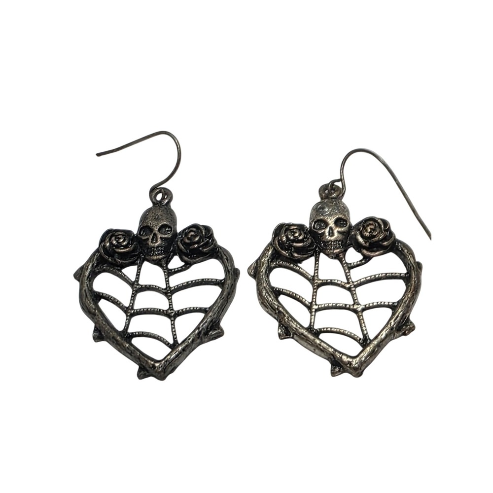 Gothic Skull Rose Heart Spider Web Earrings Dark Silver Tone Punk Halloween
